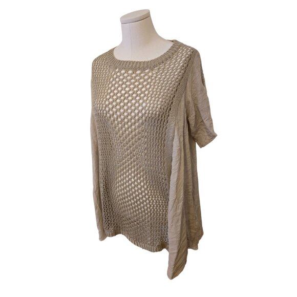 Womens Beige Mesh Panel Top Lagenlook Short Sleeve Sheer Boho Summer Sz XL - Picture 2 of 6
